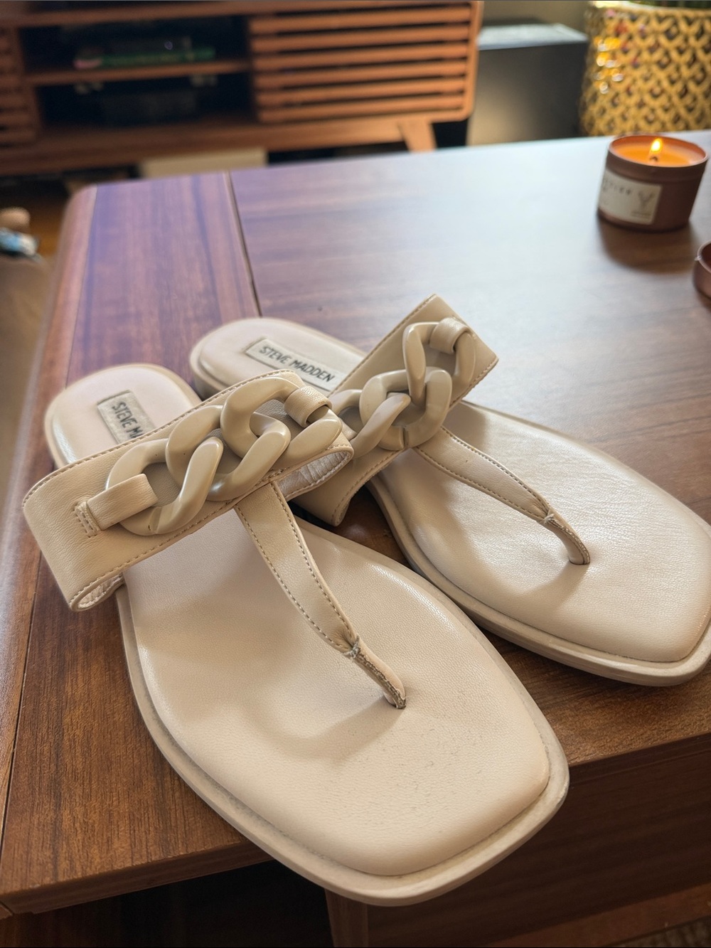 Steve Madden Beige Chain-Detail Thong Sandals for Women